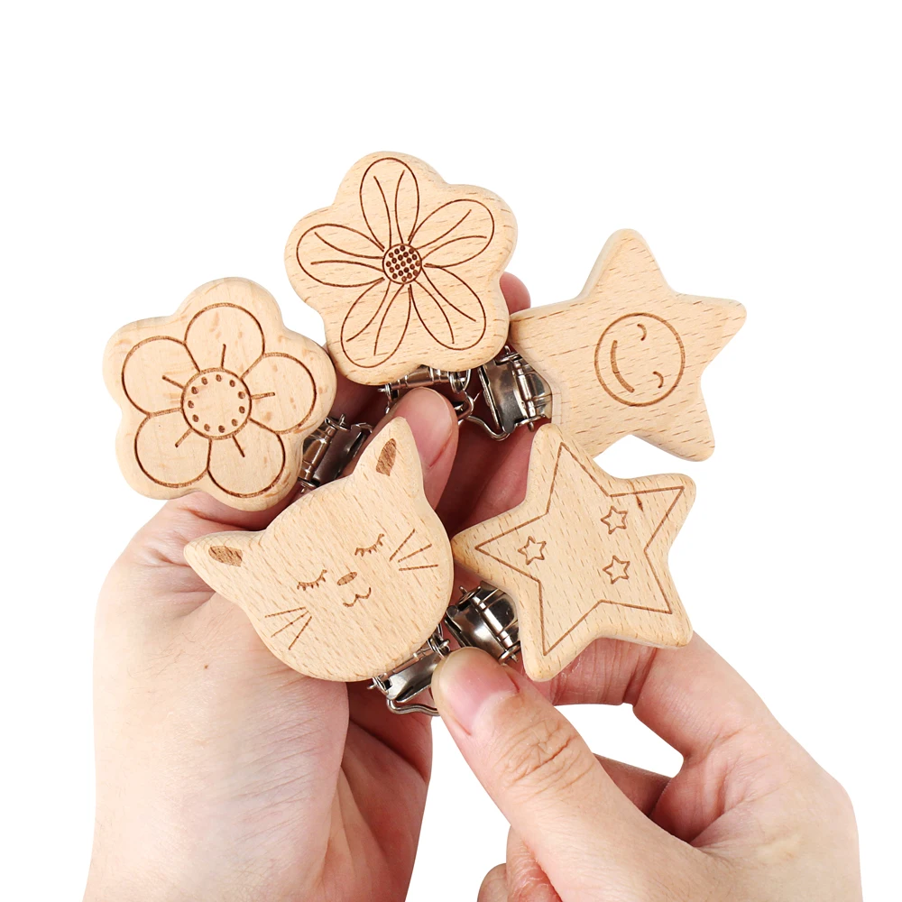 1pc Wooden Pacifier Clip Baby Dummy Clip Food Grade Natural Beech Animal Shape DIY Accessories
