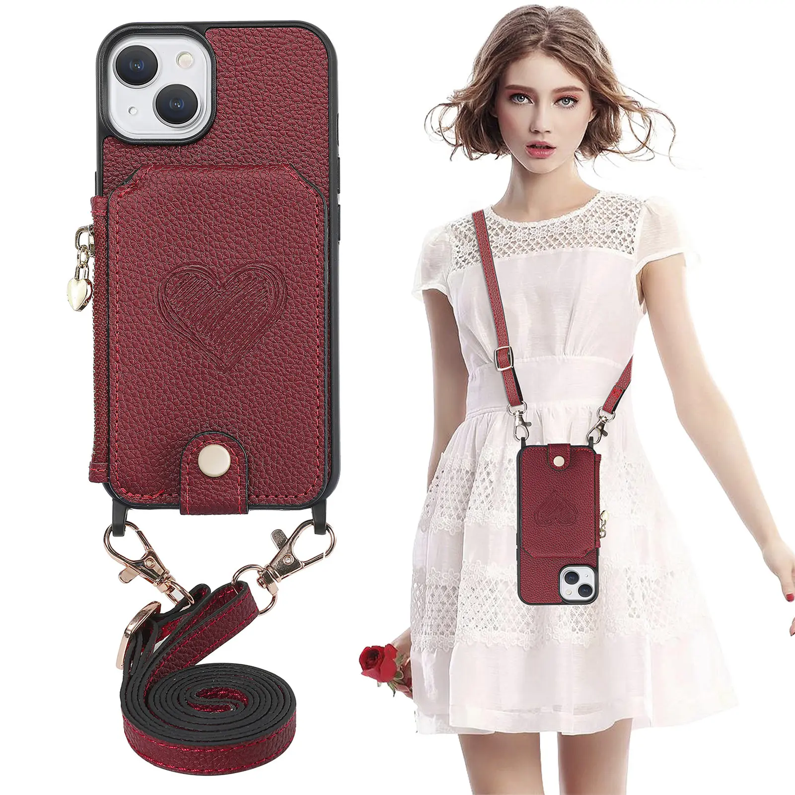 

Leather Wallet Phone Case With Zipper For iPhone 15 14 Plus 13 12 11 Pro Max Cute Love Heart Card Slots Holder Stand Cover