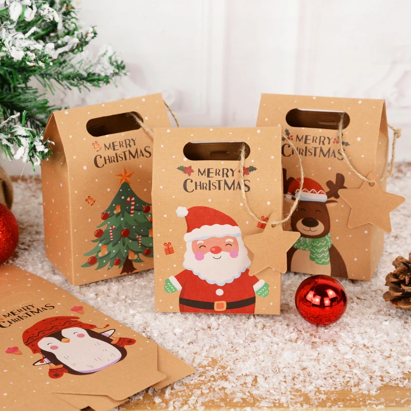6pcs Merry Christmas Candy Gift Box with Tag Kraft Paper Cookies Gift Packing Bags 2023 Xmas Party Home Decoration New Year 2024