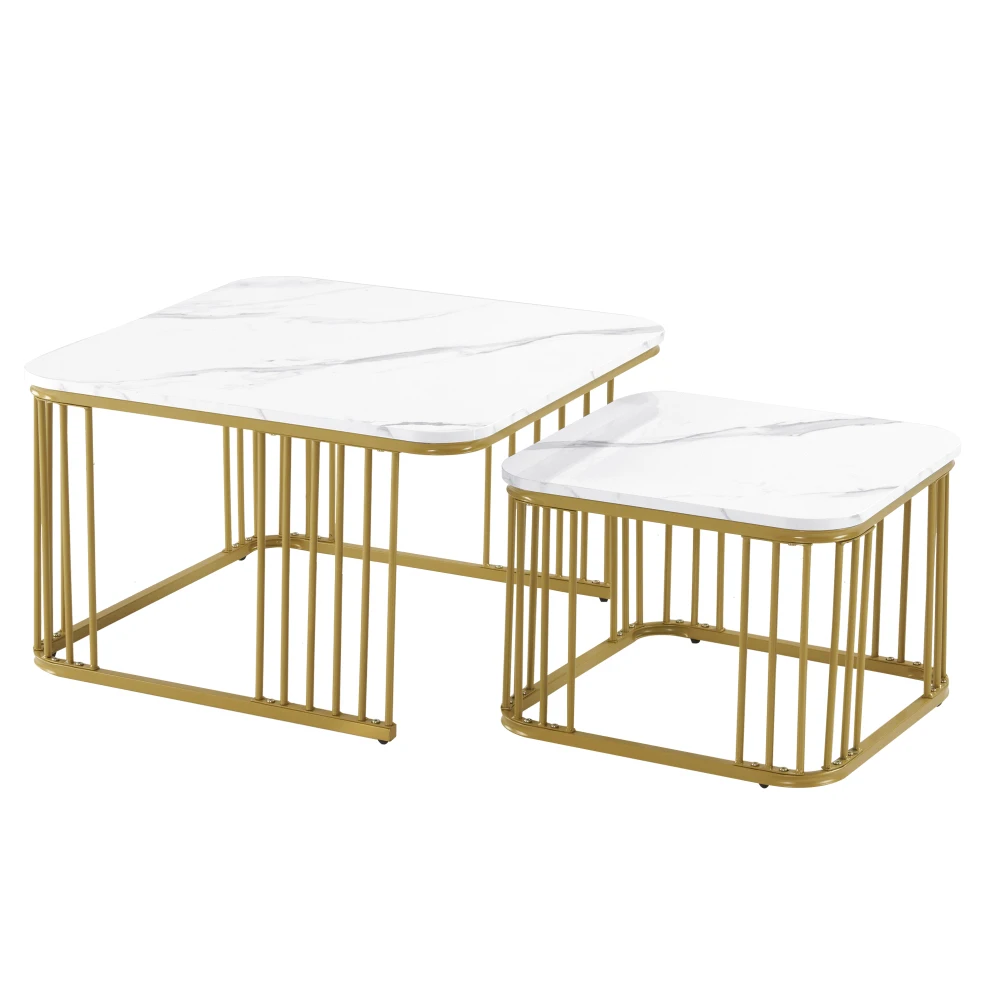 2 Sets quadratische Couchtische mit Hochglanzmarmoroptik, Schiebetische mit goldenen Beinen, 70 x 70 x 45 cm und 50 x 50 x 36,5 cm, vielseitig einsetzbar – Detail 24