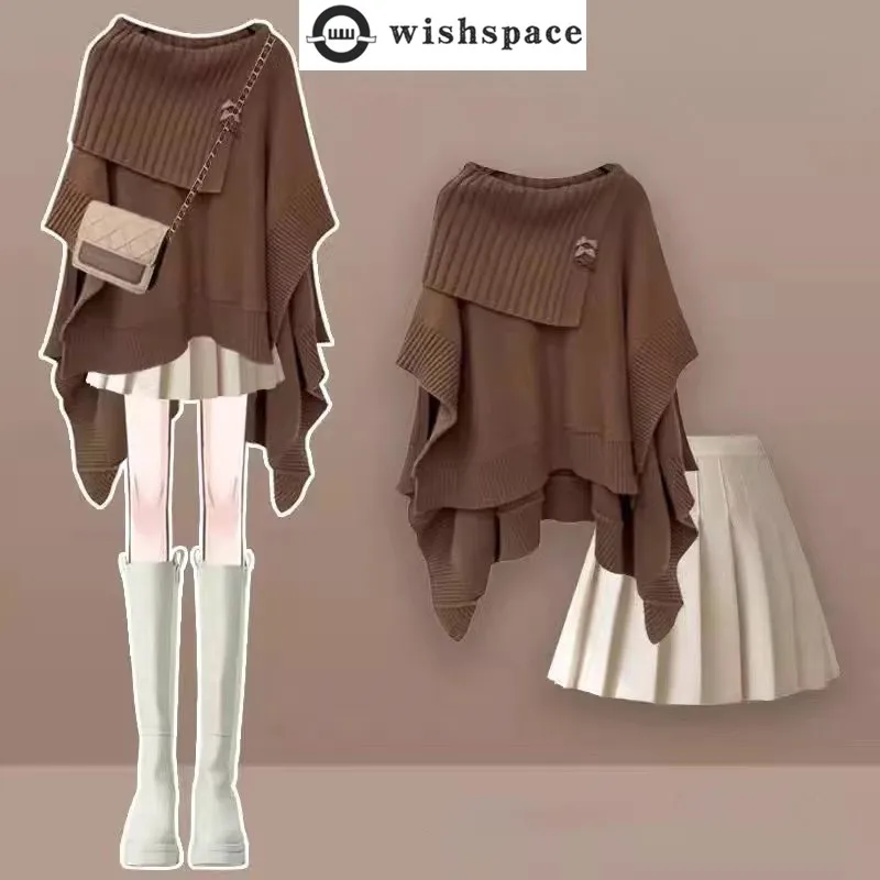 2024 Spring New Loose Knitted Shawl Sweater Mini Pleated Short Skirt Two Piece Set Elegant Women's Skirt Set Sexy Outfits wedding dress short shawl bridal wedding dress warm coat beige red short pile shawl