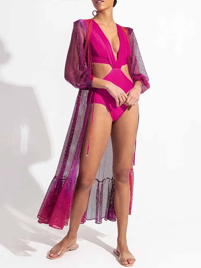 Solid Color Beach Outfits 2023 For Mujer Swimsuit Kaftans For Women Luxury Mesh Swimwear New Beachwear  V Neck Sexy Kimono