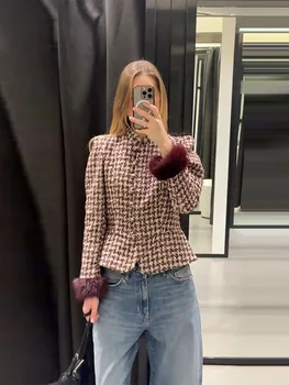 Fashion Women Stand Collar Tweed Jacket Elegant Long Sleeve Faux Fur Cuffs Coat 2026 Spring New Single Breasted Outerwear Street 1