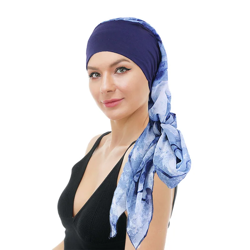 New Muslim Women Hijab Head Wrap Pre-Tied Headwear Cancer Chemo Flower Printed Elastic Turban Cover Hair Loss Head Scarf Bandana lace scarf mantilla veil catholic church veil lace head cover for women