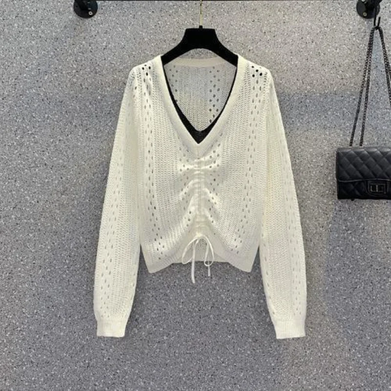 

Women's Clothing Temperament Versatile Autumn and Winter Fashion Lace Up Hollowed Out V-neck Long Sleeved Solid Color Pullover