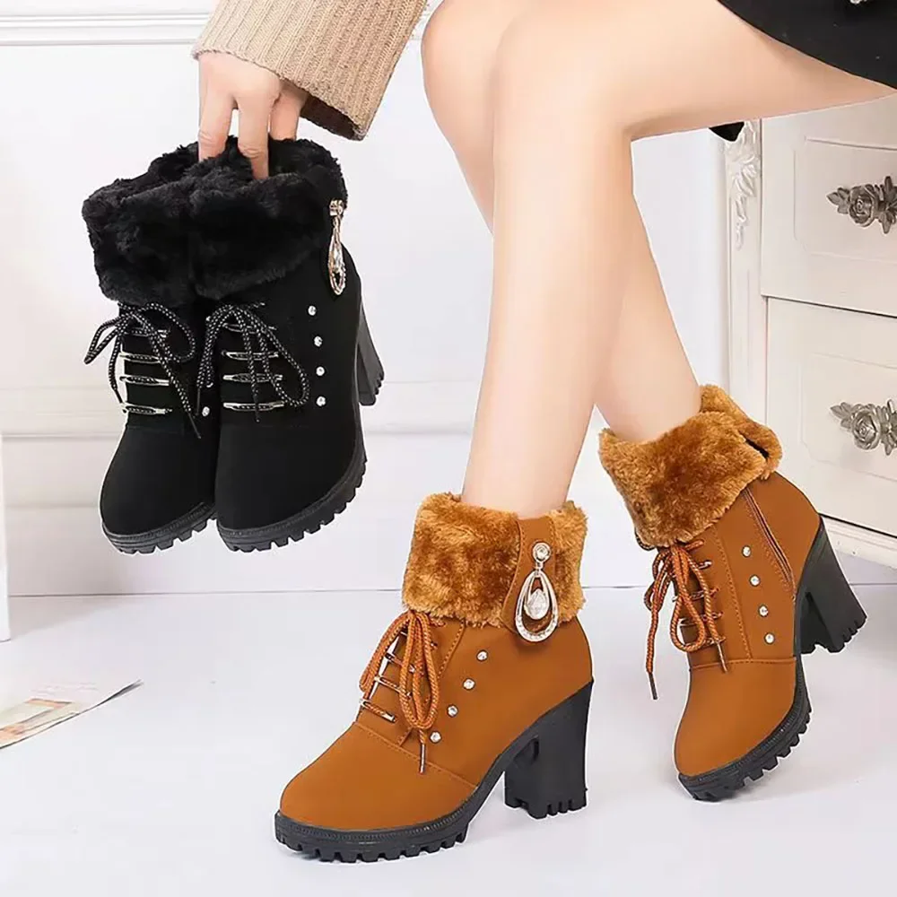 Faux Fur Winter Ankle Boots for Women Plush Thick Warm High Heel