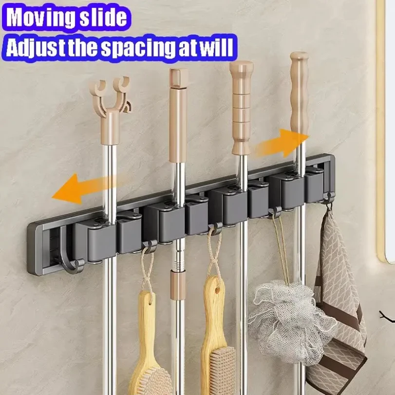 Wall Mounted Mop & Broom Organizer Rack 5 Hooks Strong Mop Holder Self Adhesive Kitchen Bathroom Cleaning Tools Storage