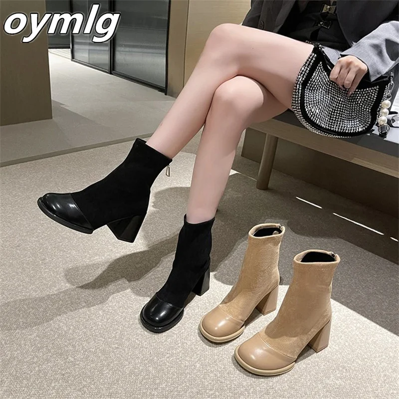 Slim and Versatile Slim Boots 2023 Winter New Thick High Heel Round Head Panel Elastic Suede Short Boots for Women