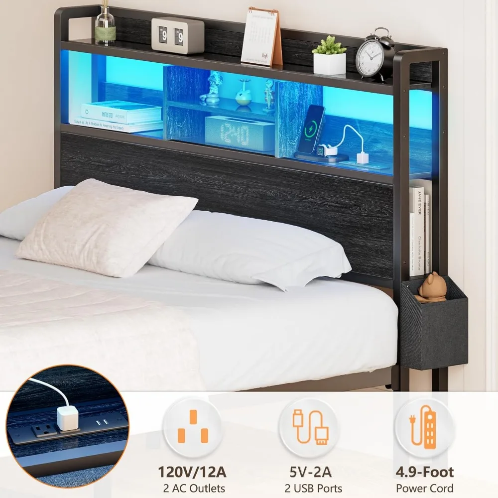 Queen Bed Frame with Wood Headboard and Storage Shelf, Metal Platform Bed Frame Queen Size with Storage Drawers86.4Lx61Wx 44.9H 5