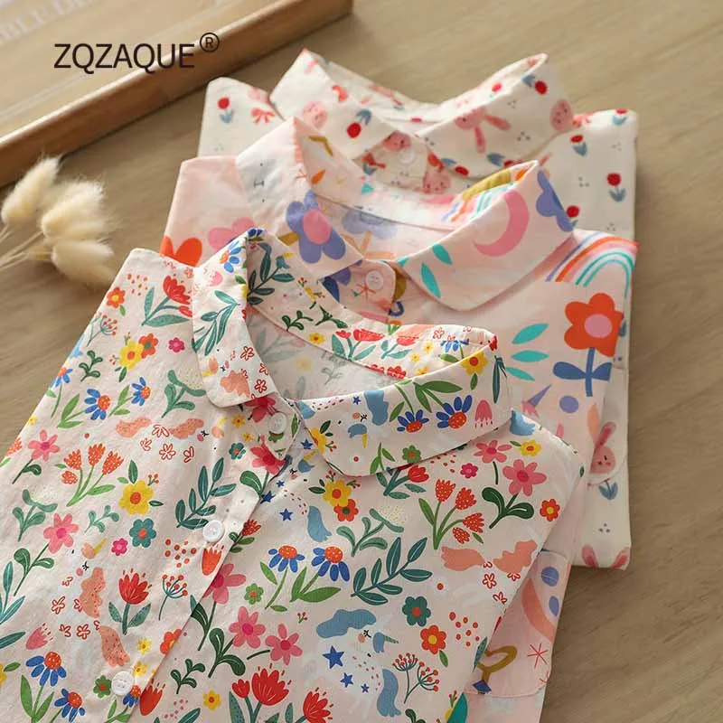 Spring Autumn New Women's Cotton Shirt Good Quality Printing Floral Rabbit Rainbow Pattern Long Sleeve Tops Loose Shirts SY2668