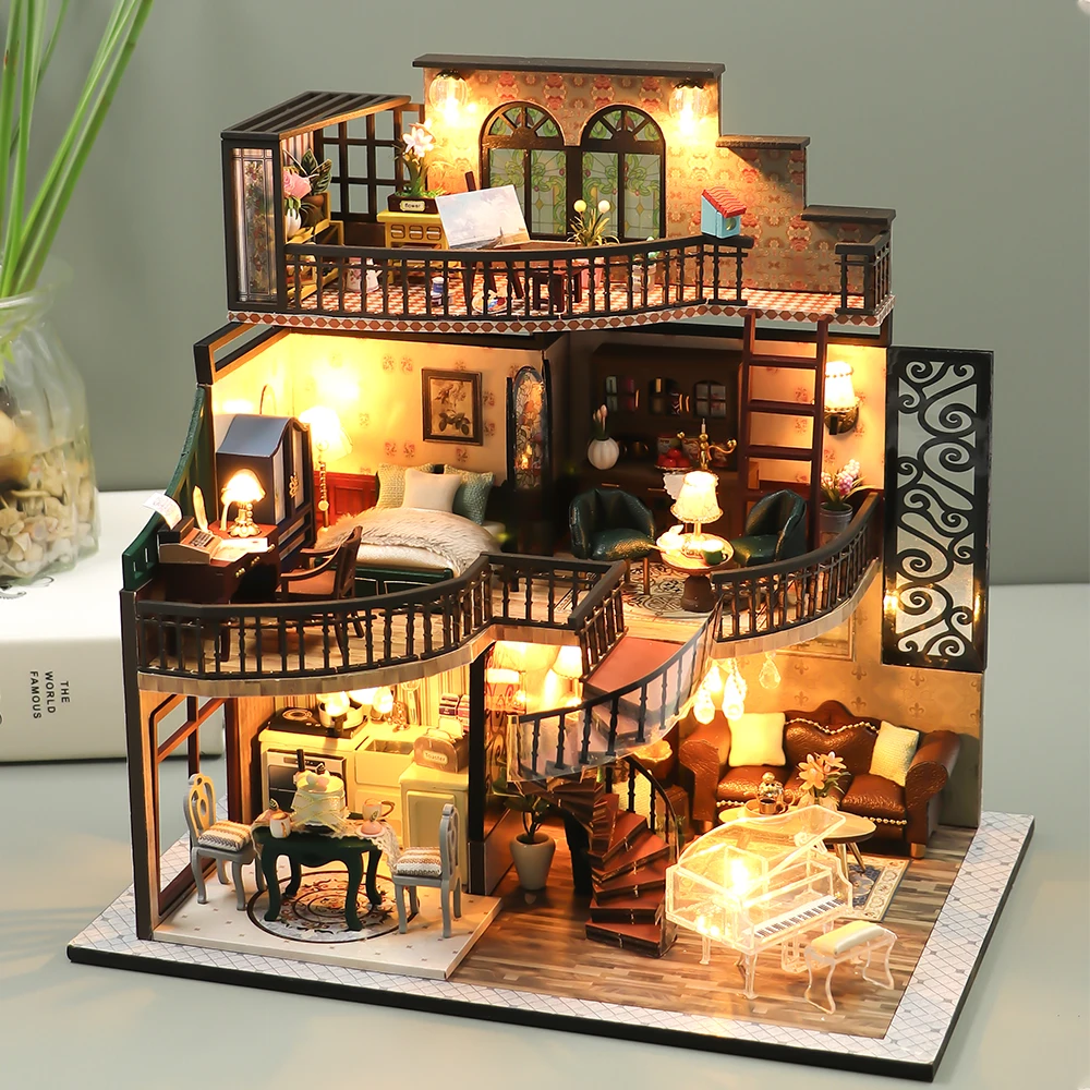 Babaarcú de nem okos nő Lakóház vel Letörölget fedezze casa Miniatúra diy faipari Babaház miniatures gyerekek toys Elárusítónő szülinapi ajándékok Dioráma 1 24 m2132z