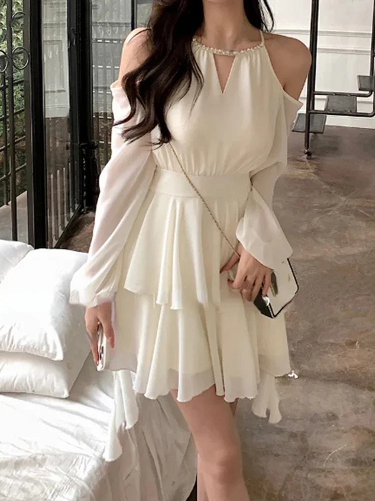 

Elegant Women's Solid Color Hanging Strap Chiffon Mini Dress Summer Office Lady Fashion Off The Shoulder Long Sleeve Party Dress