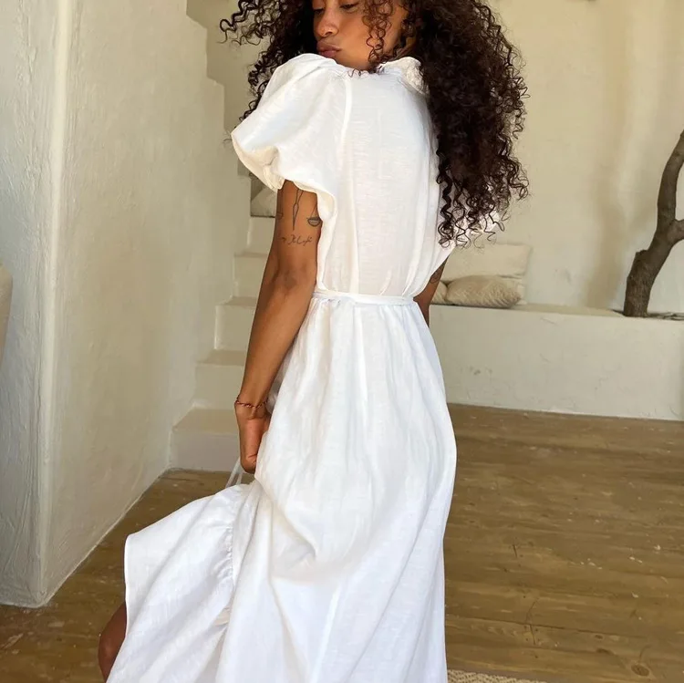 Leisure V-Neck Lace Up White Maxi Dress For Women Solid Color High Waisted Short Sleeves Ruched Patchwork Girdle Dress