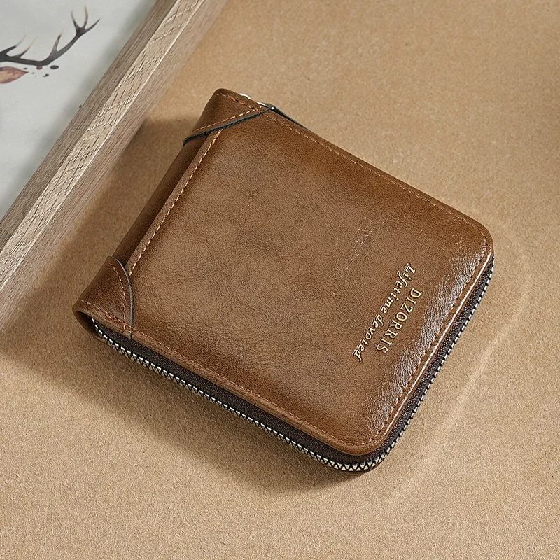 Vintage Herren Leder Reißverschluss-Geldbörse Große Kapazität Multi-Kartenhalter ID-Fenster Münzfach Dreifach Gefaltete Geldbörse Hochwertige Geldklammer – Detail 6