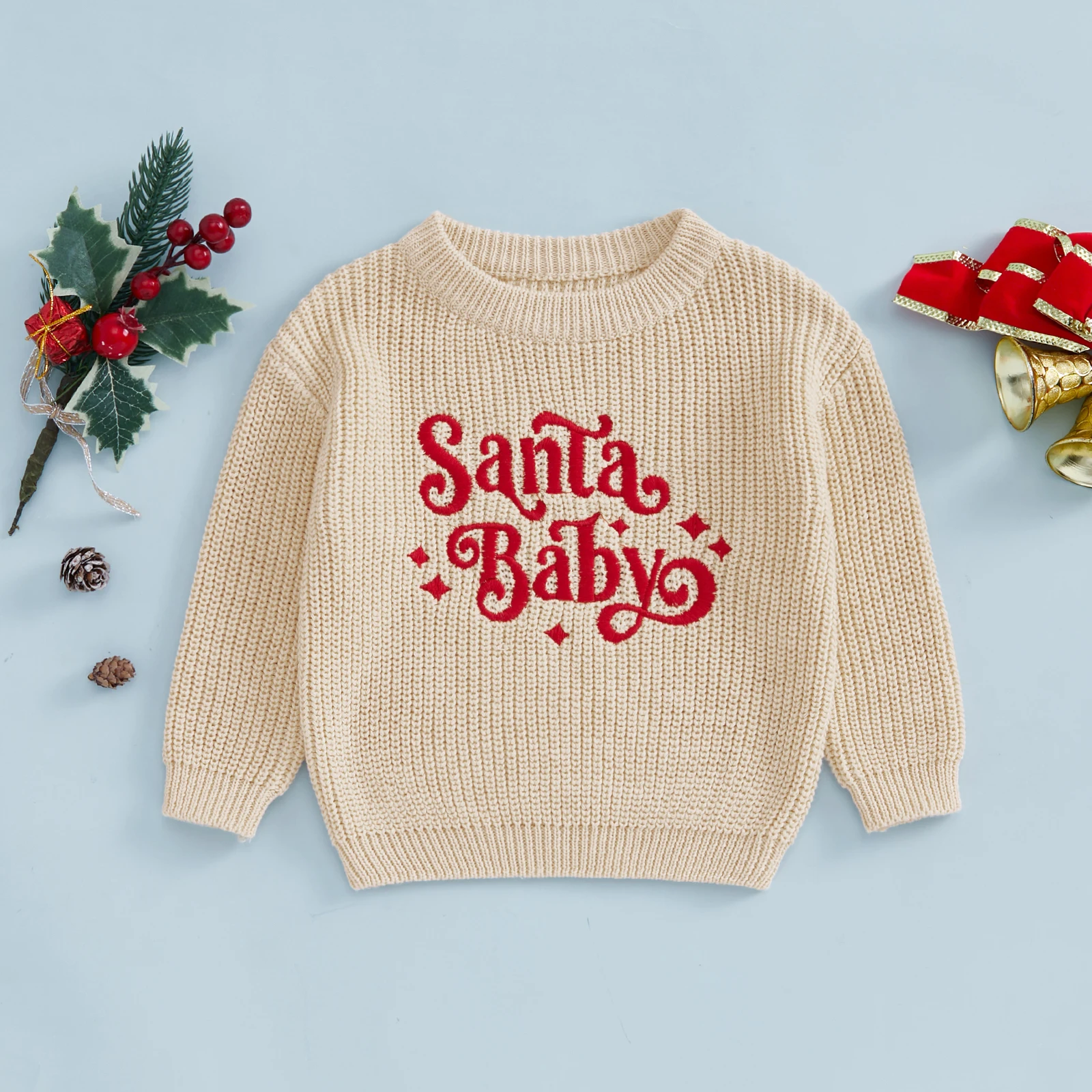 Santa Baby Knit Jumper Boy Girl Christmas Sweater Winter Warm Letter Embroidery Long Sleeve Kid Knitwear Pullover Top