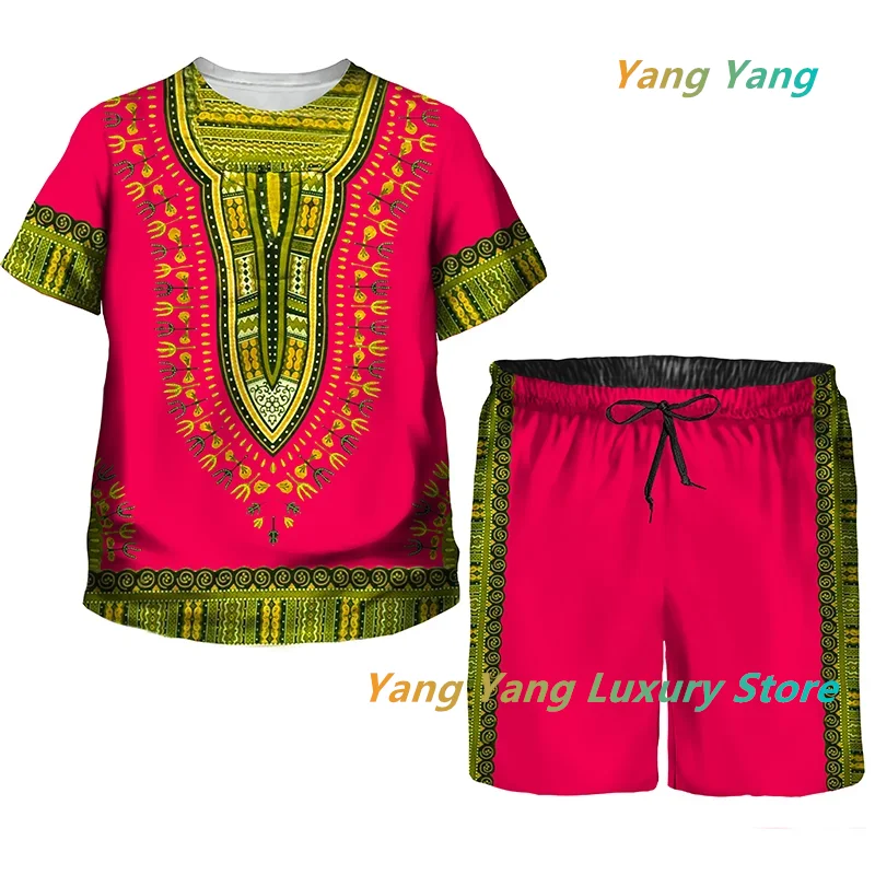 African Print Tracksuit Men/Kids Fashion T-shirts Suit Casual Shorts/Vintage Top Sport And Leisure Summer Clothes Set 3