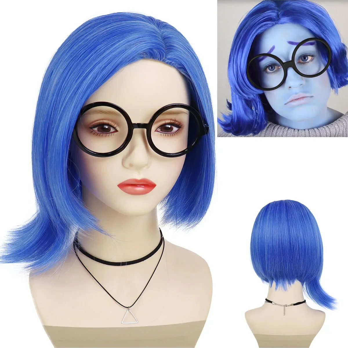 Synthetic Hair Short Sadness Wig Cosplay Straight Blue Wig for Kid