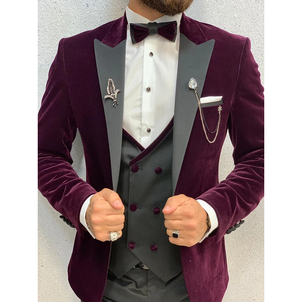 

Blazer Men Suits Slim Fit Luxury Grey Peaked Lapel Purplish Red Velvet Single Breast Terno Masculinos Completo Jacket Pants Vest