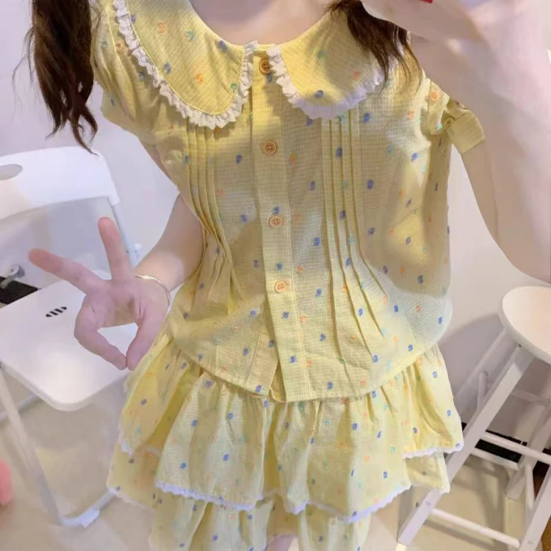 

Женский костюм в стиле «Сладкая Лолита» из 2 предметов, блузка с воротником «Питер Пэн» и Милая Мини-юбка Y2k, модный костюм в Корейском стиле с цветочной вышивкой