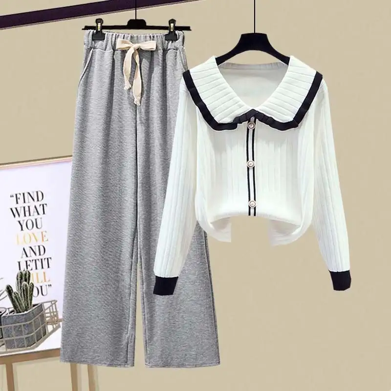 2025 Spring Korean Fashion Knitwear Sweater Wide Leg Pants Two Piece Set Women's Casual Sweatshirts High Waist Trousers Suits - Image 12