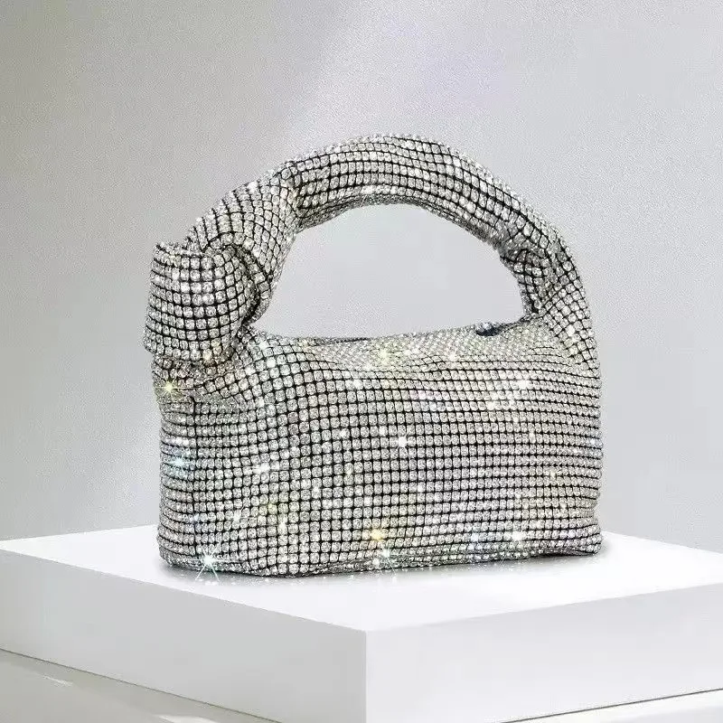 

Handle Rhinestones Knot Evening Bags Silver Crystal Top Handle Bag for Women Purses and Handbags Luxury Designer Handbag Tote