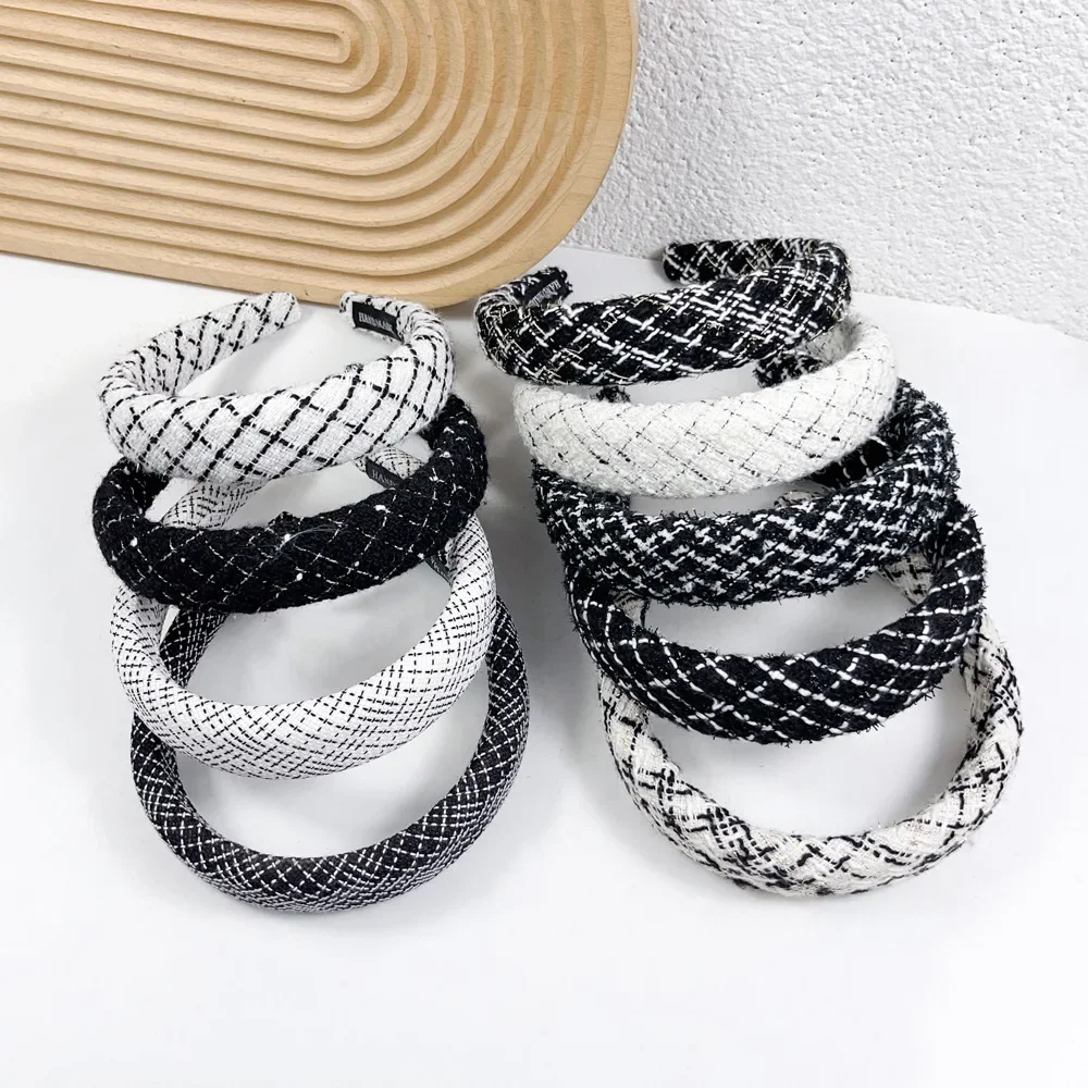 

French Woolen Plaid Headband Wide-Brimmed High-End Sponge Hair Band Simple All-Match Hair Accessories for Women 머리띠 Harreif Grau