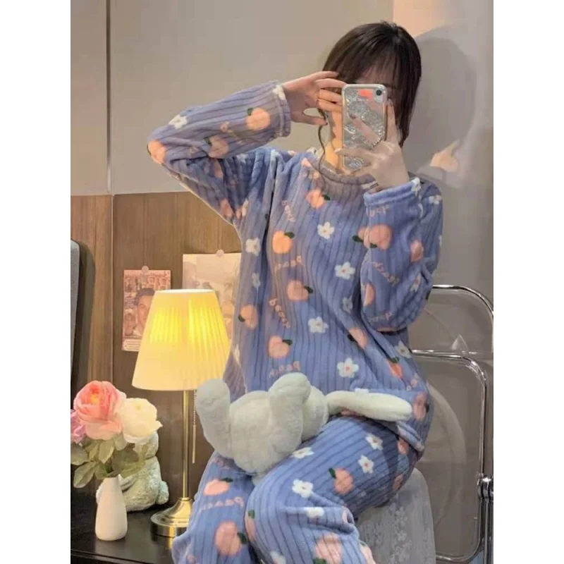 Women's Pajamas Autumn and Winter Coral Fleece Thermal Pajamas Flannel Long Home Wear Long Sleeve Trousers Suit Women's