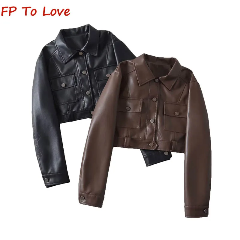 

Black Vintage Long Sleeve Leather Jacket Women Autumn Tops Flip Lapel Single Breasted PU Coffee Pocket Trim Jacket
