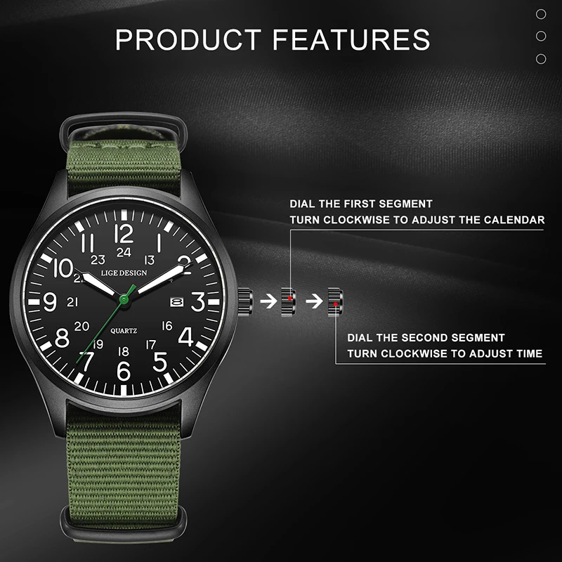 LIGE New Army Military Watches For Men Casual Business Nylon Strap Luminous Watch Men Waterproof Date Men's Quartz Wristwatch