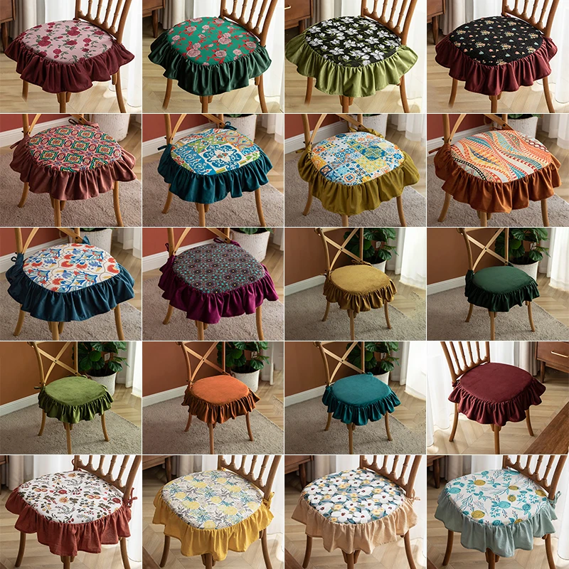 Detachable Washable Floral Pattern/Solid Color Dining Chair Cushion Comfort Non-slip Lace-up Four Seasons Seat Mat Buttocks Pad 6