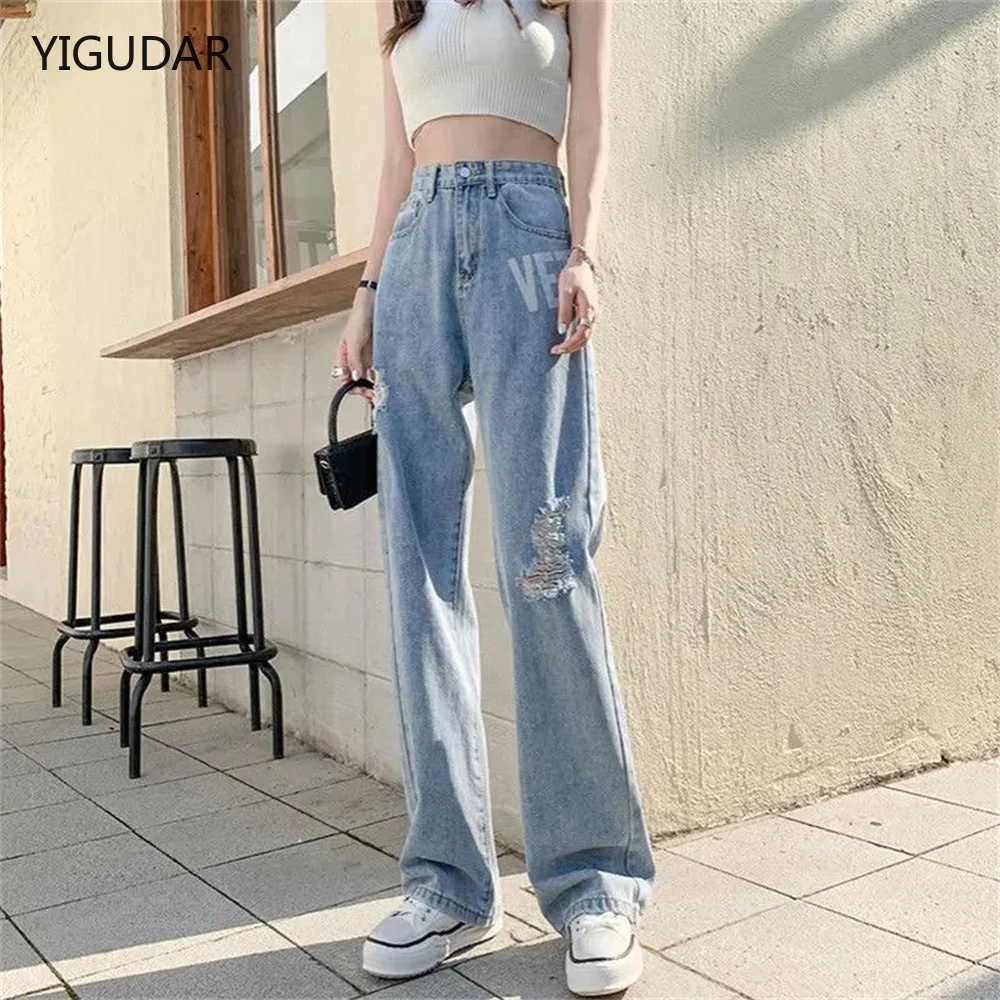 Womens Loose Fit Jeans 2022 Ripped Wide Leg For Women High Waist Blue Wash  Casual Cotton Denim Trousers Summer Baggy Jean Pants
