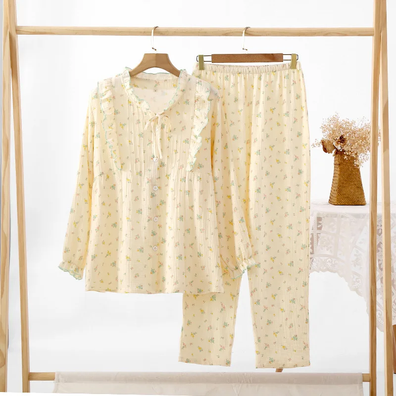 Cute Women's Pajamas Set Floral Print Ruffle Long Sleeve Ladies Sleepwear 2 Pcs with Pant Korea