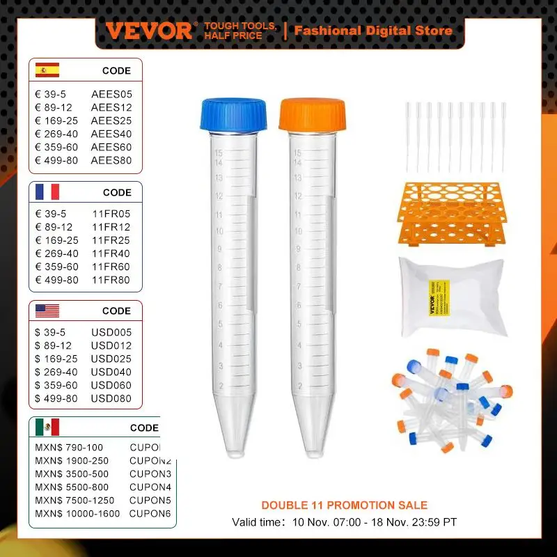 VEVOR 500Pcs 15ML 50ML Centrifuge Plastic Test Tubes With Rack Conical Transparent Box Storage for Lab Sample Storage & Separate