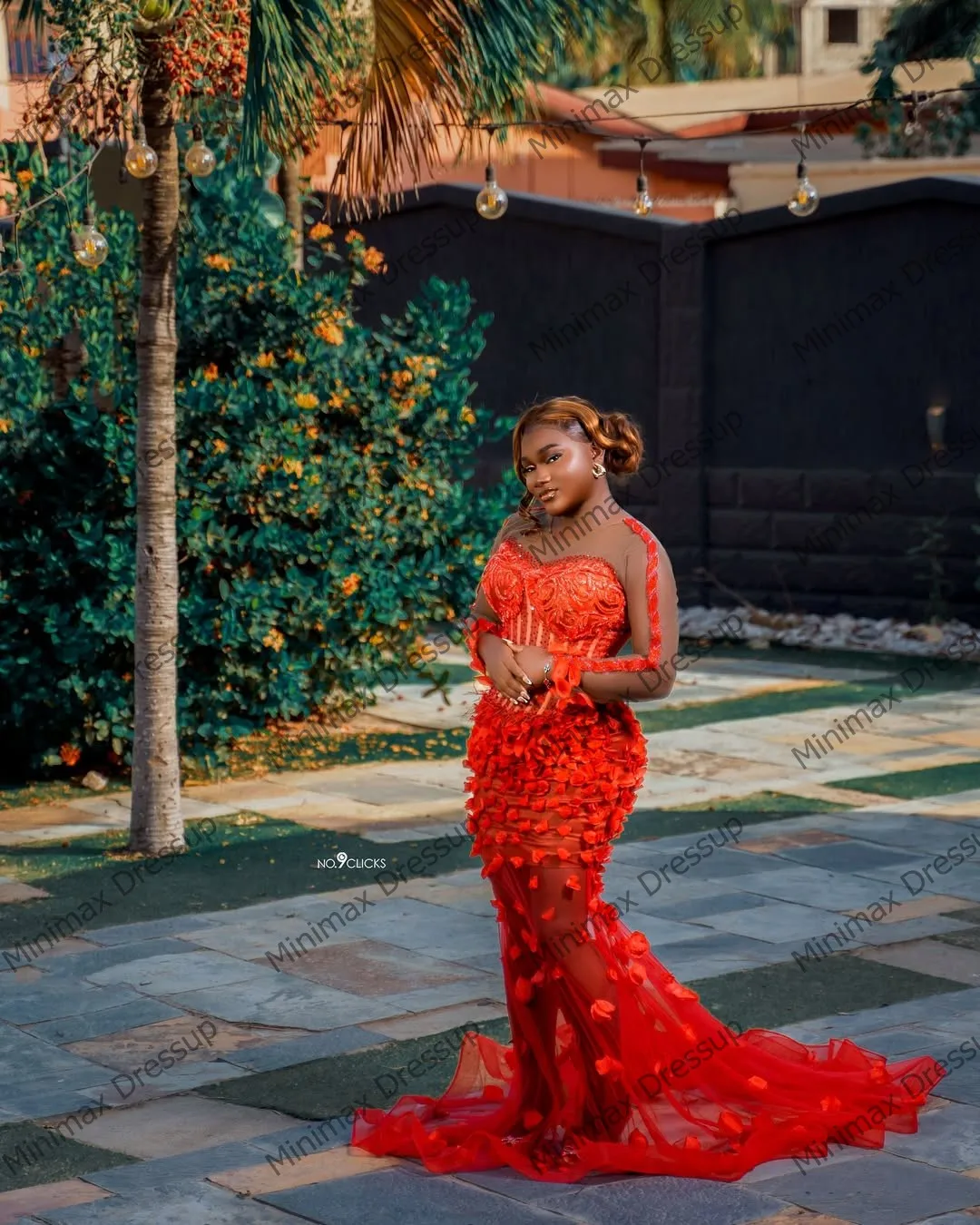 Matured Dinner Gown Red Lace Dress Styles Luxury Floral Tulle Mermaid  Evening Dress Illusion 3D Flowers