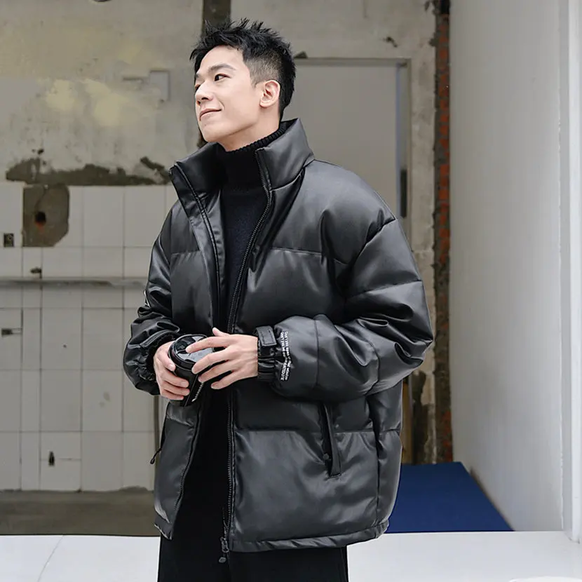 Leather down Cotton-Padded Coat for Men Winter Cotton-Padded Jacket New Thickened Fleece-Lined Cotton Coat Men's Winter