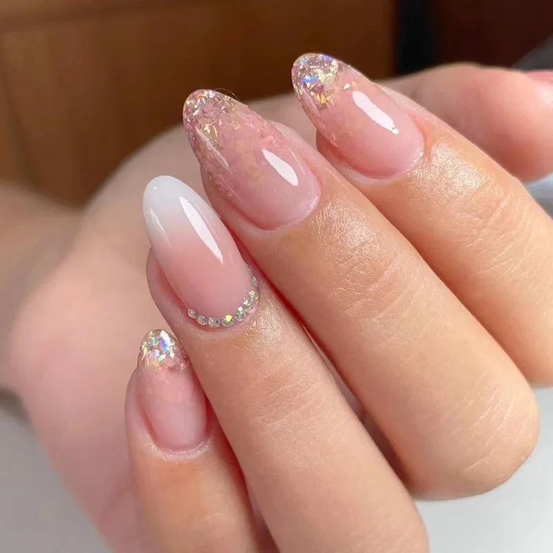 Faux ongles à paillettes roses dégradés, 24 pièces, avec motifs en strass, tête ronde en amande, faux ongles portables, couverture complète_voghion.com