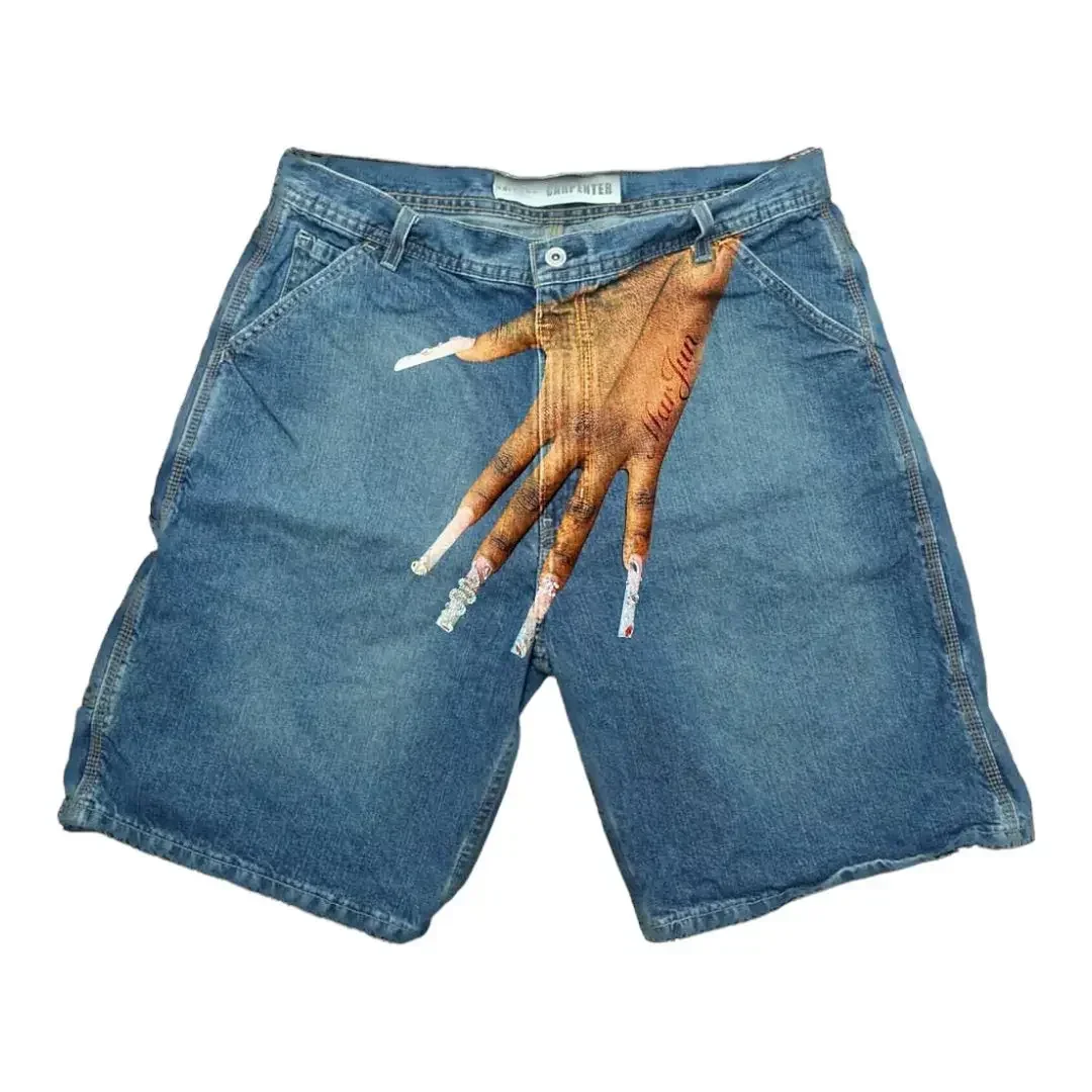 Retro Blue Baggy Denim Gym Shorts Harajuku Hip Hop Y2K Shorts Pants Mens Graphic Print New Gothic Sweatpants Basketball denim shorts summer jeans shorts