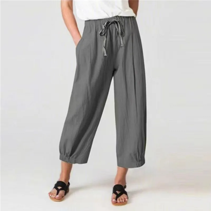 Spring/autumn Women's Elastic High Waist Solid Bandage Pocket Drawstring Wide Leg Trousers Elegant Fashion Casual Loose Pants