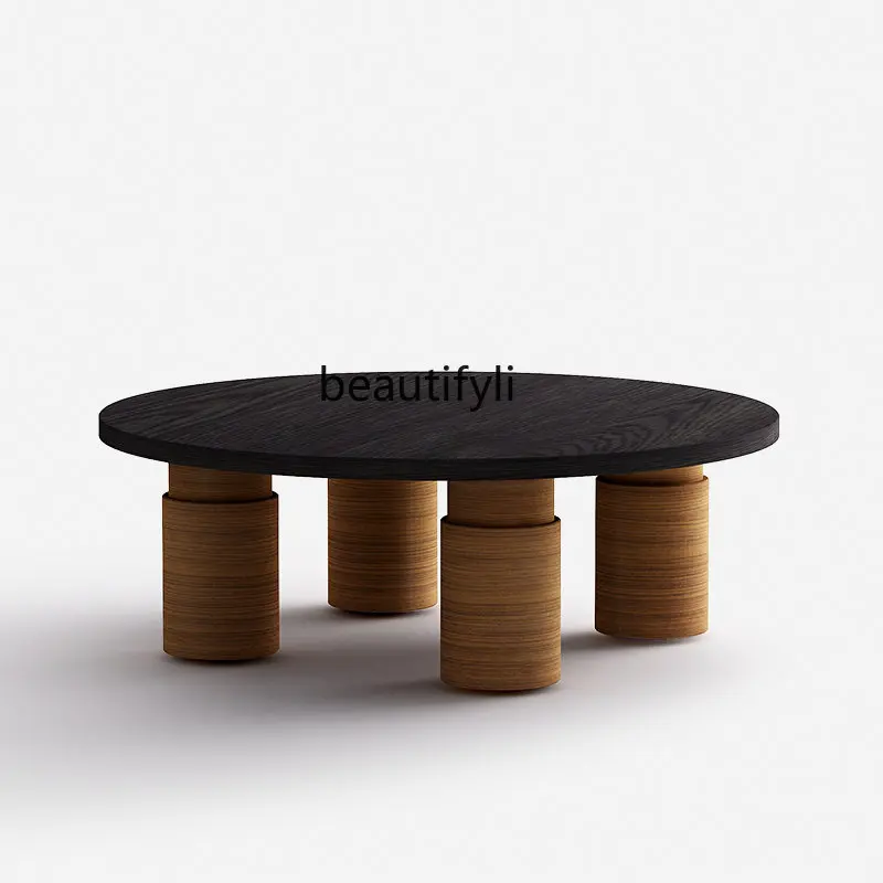 

zqCoffee Table Living Room Home Movable Wooden Tea Table round Mild Luxury Retro Dining Table