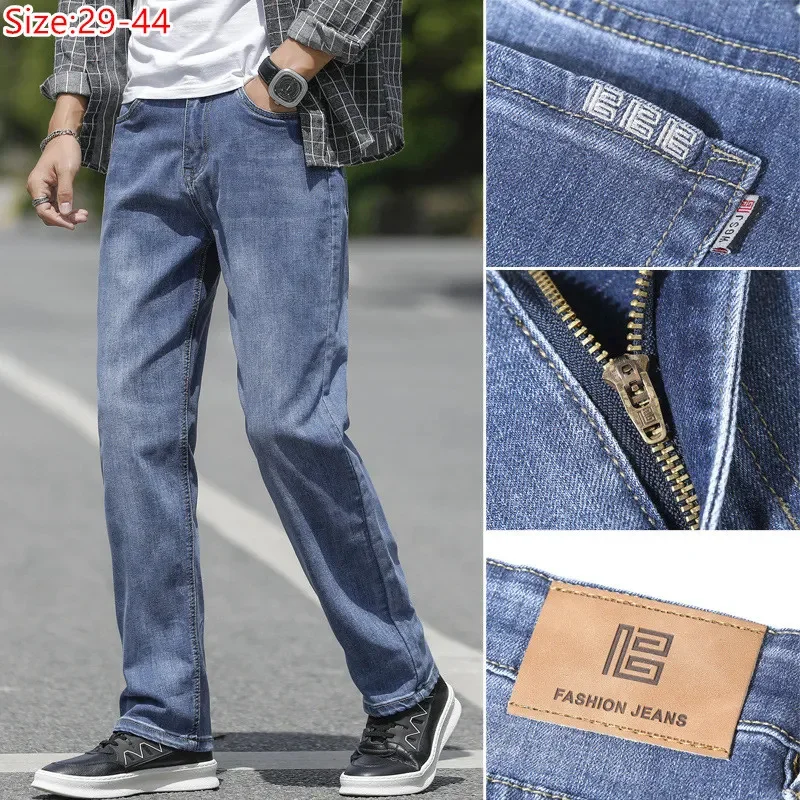 

Big Size 44 Autumn Thick Men Denim Pants Loose Stretched Elastic Casual Light Blue Fashion Straight Oversized 40 Plus 42 Trouser