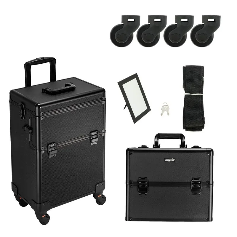 2 in 1 Rolling Makeup Train Case Professional Cosmetic trolley on Wheels Aluminum Nail Cart Cosmetic Suitcase for professional 4