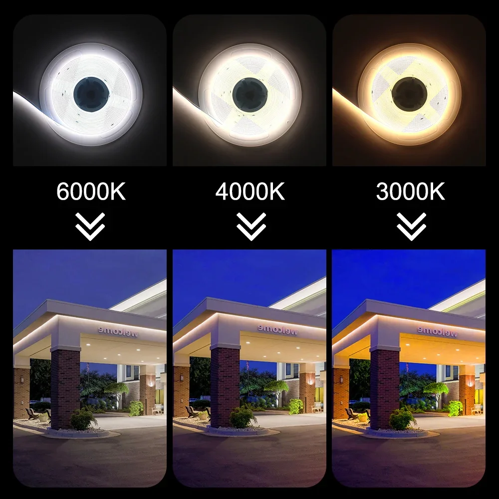 COB LED 스트립, 고밀도 조도 조절 가능, 거실 LED 스트립 조명, 320LED, 계량기 유연한 리본 조명, DC 12V, 24V
