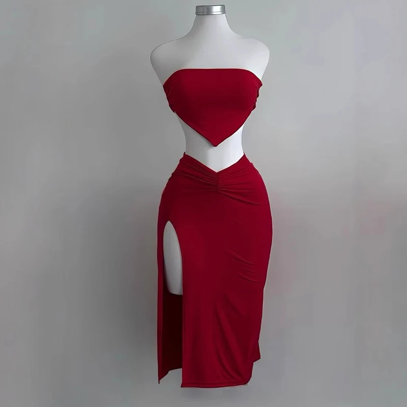 Spring and Summer New Solid Color Women's Two-piece Set Fashionable and Sexy Tight Tube Top Elegant Split-ended Hip Skirt Set