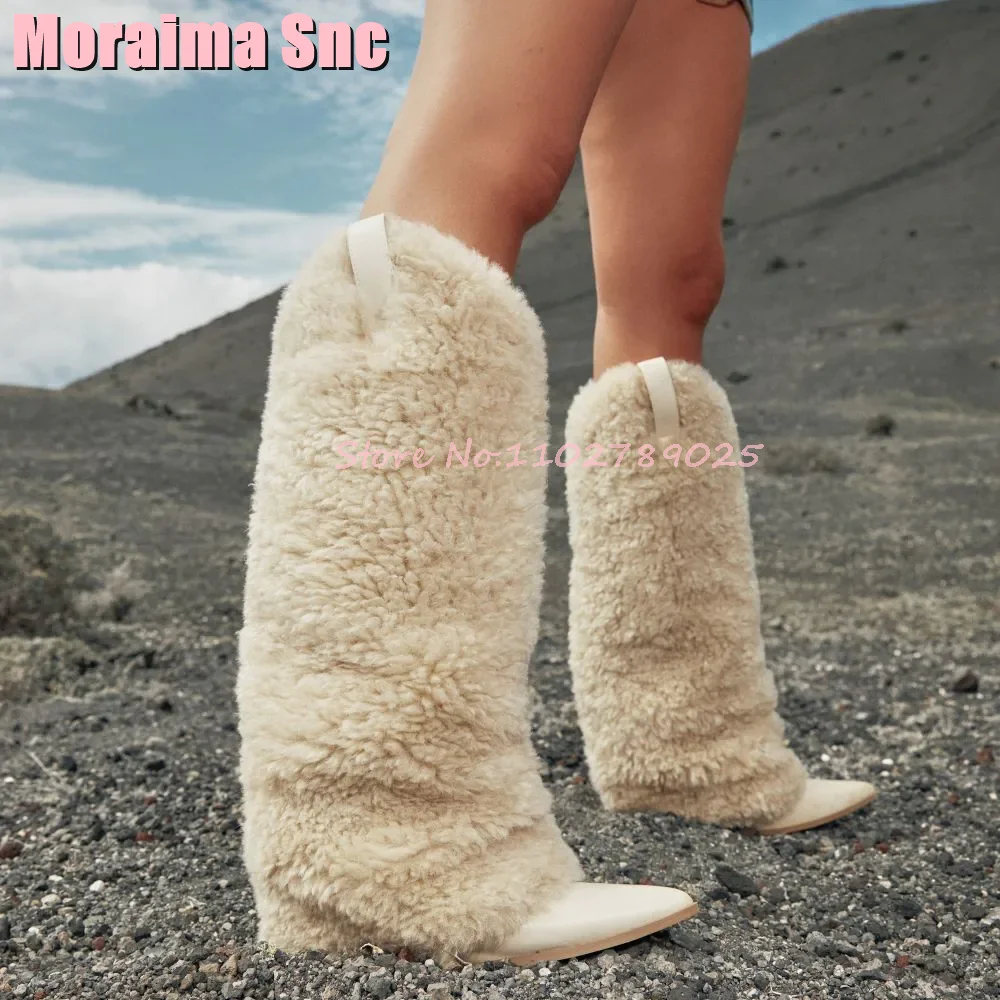 

Fashion Fur Pointed Toe Knee High Western Boots Block Heel Slip On Sexy Women Long Boots White Solid Autumn Winter 2024 Newest