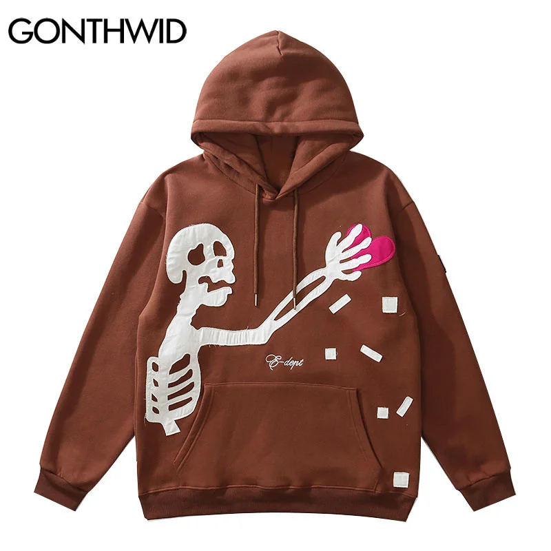 

Hip Hop Streetwear Hoodie Sweatshirt Skeleton Patch Fleece Hooded 2023 Mens Harajuku Winter Cotton Pullover Brown
