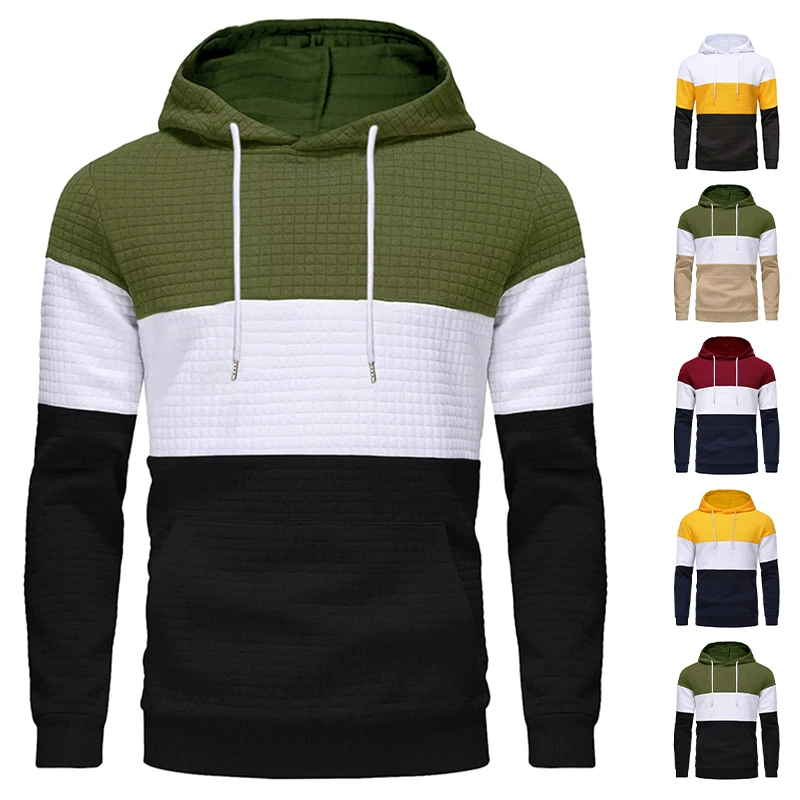 

Fashion Athletic Jacquard Color Block Waffle Hoodie Men Casual Patchwork Colorblock Pull Over Hoodies Hommes Polerones Hombre