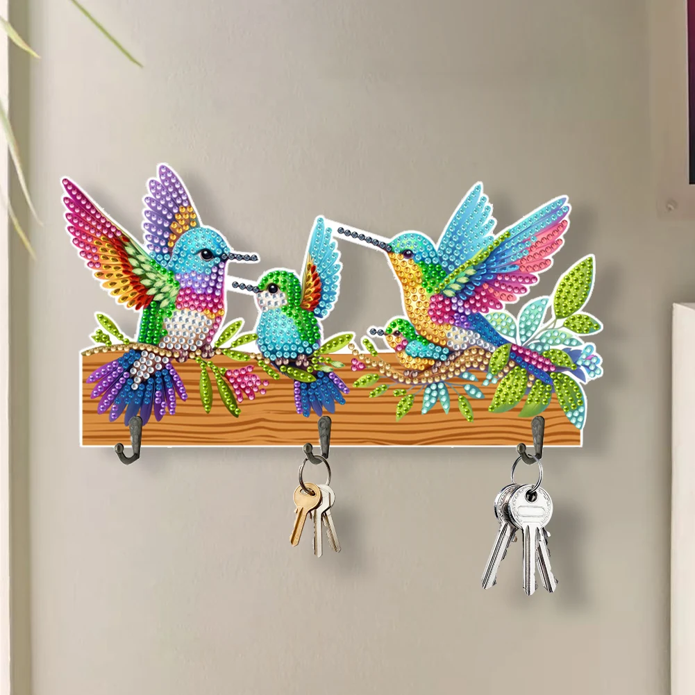 Bird Wooden Diamond Art Craft Wall Hooks with 3 Hooks Diamond Painting Hook Rail Rhinestone Painting Coat Hook for Wall Cabinet