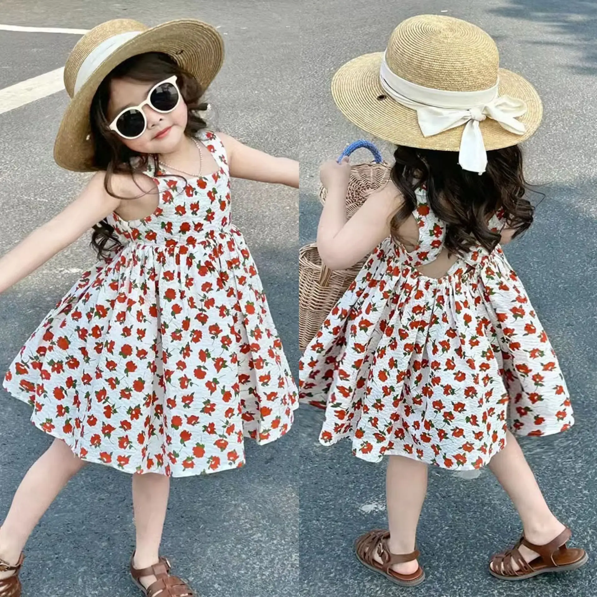 

Girls slip dress Summer new sweet floral cross vest beach princess dress in little children