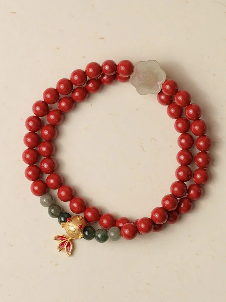 

2023 New Natural Raw Ore Imperial Sand Cinnabar Bracelet Koi Hetian Jade Flower Year of Life Transfer Bracelet for Women