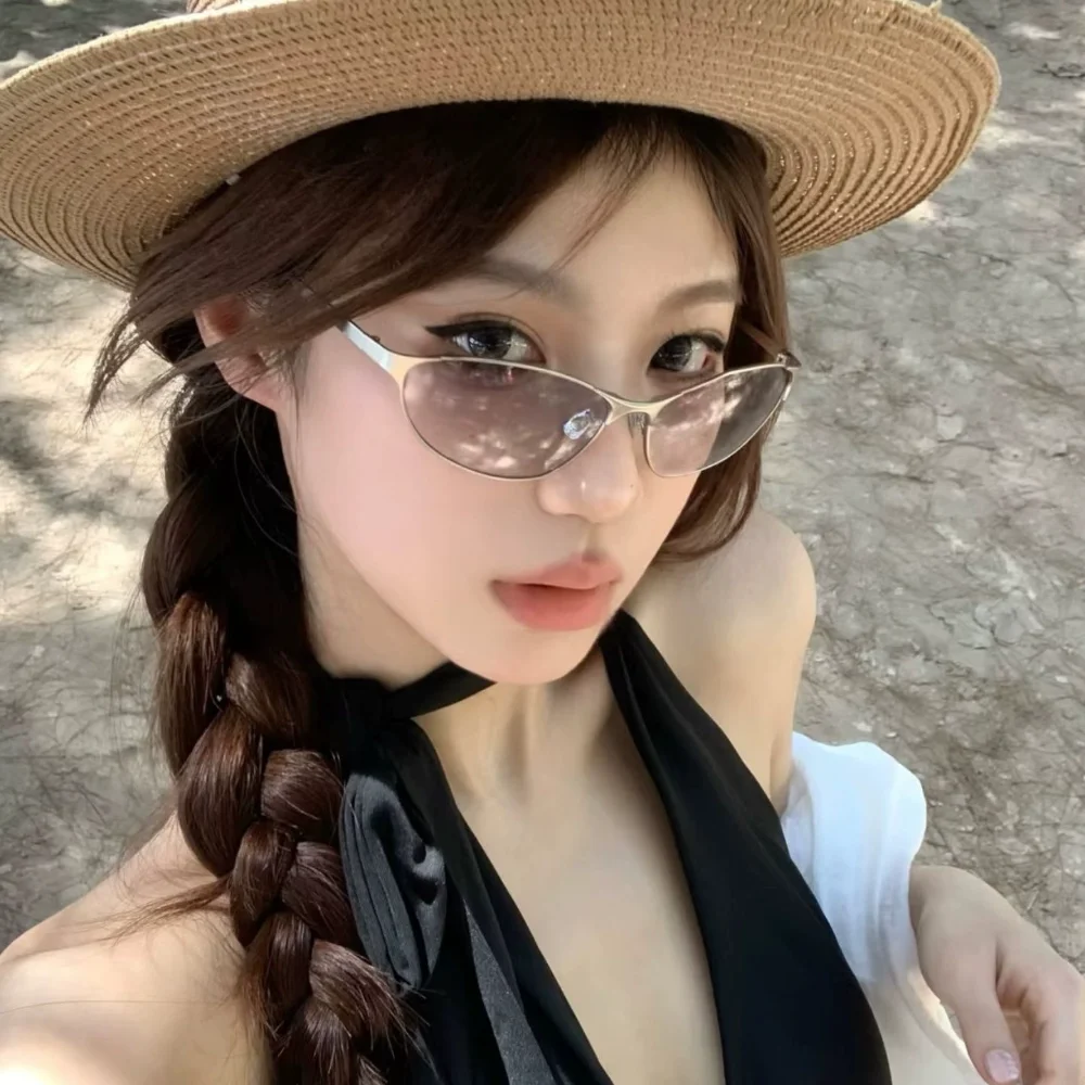 캣아이 선글라스 무테 금속 프레임 틴티드 렌즈 랩어라운드 선글라스 야외 여행 운전용